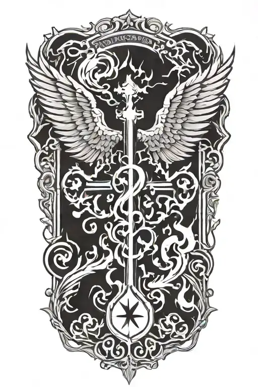 Phoenix rising from  flames and a prominent cross  and words Dona Nobis  Pacem in gothic letters  tattoo design idea