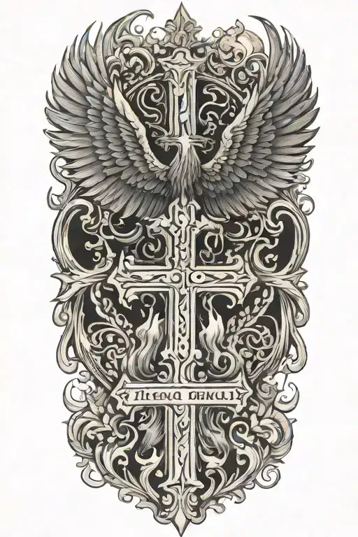 Phoenix rising from  flames and a cross  and words Dona Nobis  Pacem in gothic letters  tattoo design idea