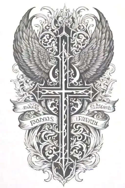 Phoenix rising from  flames and two crosses  and words Dona Nobis  Pacem in gothic letters  tattoo design idea