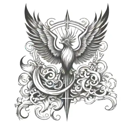Phoenix rising from  flames and cross  tattoo design idea