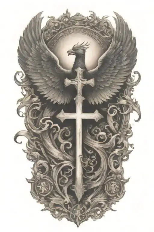 Phoenix rising from  flames and a cross  and words Dona Nobis  Pacem in gothic letters  tattoo design idea