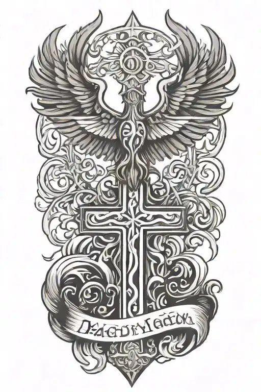 Phoenix rising from  flames and a prominent cross  and words Dona Nobis  Pacem in gothic letters  tattoo design idea