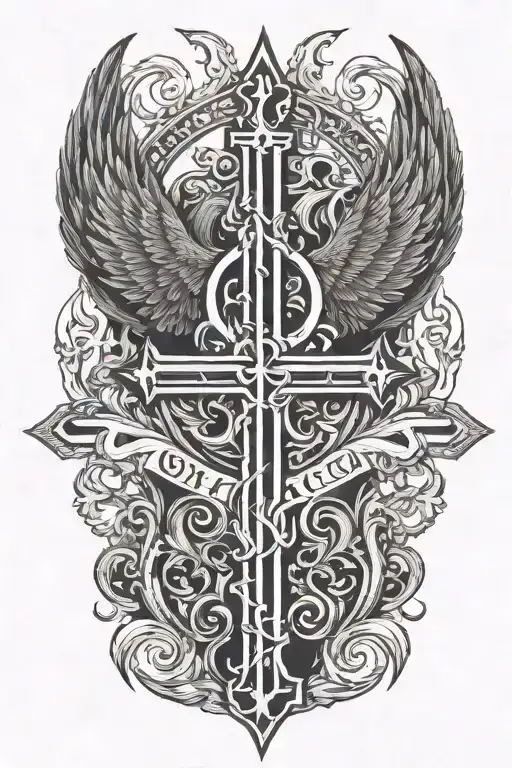 Phoenix rising from  flames and two crosses  and words Dona Nobis  Pacem in gothic letters  tattoo design idea
