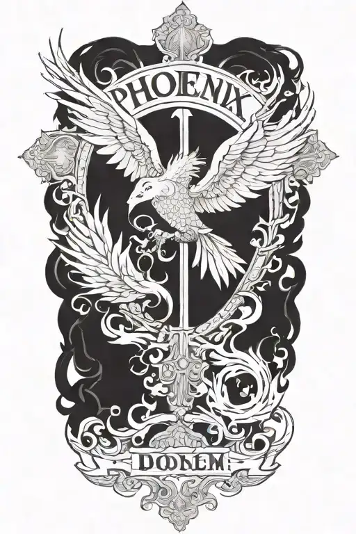 Phoenix rising from  flames and a large  cross  and words Dona Nobis  Pacem in gothic letters  tattoo design idea