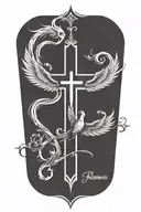 Phoenix rising from  flames and a prominent cross  and words Dona Nobis  Pacem in gothic letters  tattoo design idea