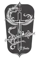 Phoenix rising from  flames and a prominent cross  and words Dona Nobis  Pacem in gothic letters  tattoo design idea