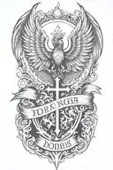 Phoenix rising from  flames and a prominent cross  and words Dona Nobis  Pacem in gothic letters  tattoo design idea