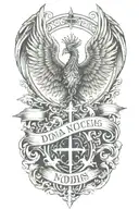 Phoenix rising from  flames and a prominent cross  and words Dona Nobis  Pacem in gothic letters  tattoo design idea