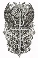 Phoenix rising from  flames and two crosses  and words Dona Nobis  Pacem in gothic letters  tattoo design idea