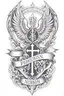 Phoenix rising from  flames and a prominent cross  and words Dona Nobis  Pacem in gothic letters  tattoo design idea