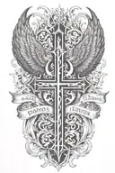 Phoenix rising from  flames and two crosses  and words Dona Nobis  Pacem in gothic letters  tattoo design idea