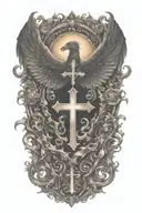 Phoenix rising from  flames and a cross  and words Dona Nobis  Pacem in gothic letters  tattoo design idea