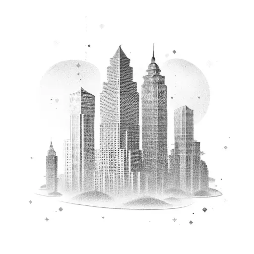 A stack of money, surrounded by towering skyscrapers, symbolizing the client's success as a business owner tattoo design idea