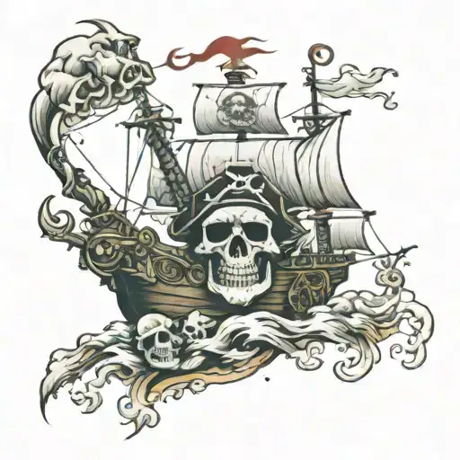 cashed pirate ship with skull infront tattoo design idea