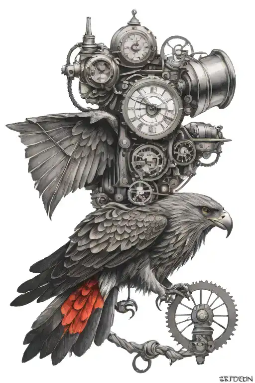 S Steampunk Inspired Tattoo Combining Steston With A Red Kite In A Blackwork Style tattoo design idea