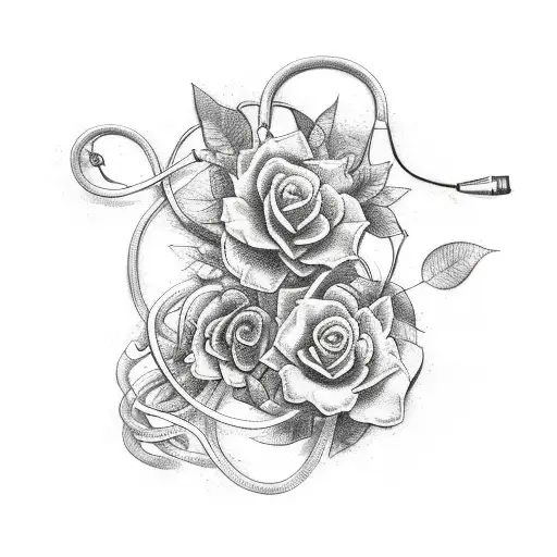 Sketch-style tattoo of a stethoscope intertwined with vines and flowers tattoo design idea