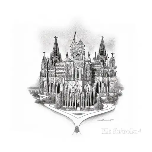 design of 4 buildings separated the Sohail Castle, the Alambra, the Cathedral of Cologne and the Cathedral from Mallorca tattoo design idea