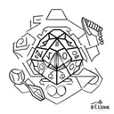A minimalist tattoo of a D20 dice, with each side representing a different element of gastronomy (e.g. knife, fork, spoon, wine glass) tattoo design idea