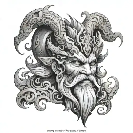 Create a tattoo design featuring a mythical god from a lesser-known culture, with intricate detailing in black-grey style tattoo design idea