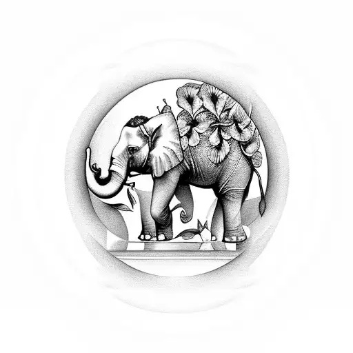  feminine elephant with Madonna lilies and Chinese hibiscus around it and circles in the background. tattoo design idea