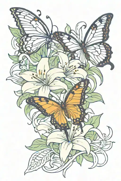 art nouveau style lily and butterfly tattoo design idea