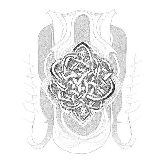 An intricate Celtic knotwork design featuring hiking boots and a backpack, with a trail weaving through the pattern tattoo design idea