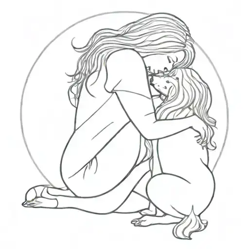 Woman with long wavy hair hugging a dog sitting down, seen from the back tattoo design idea