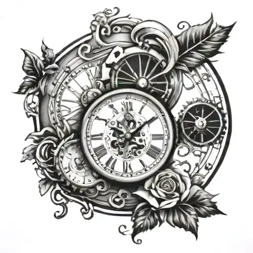 Tattoo Design: Clock: The clock face should be prominently displayed, with the time set to 3:40 p.m. The style of the clock is tattoo design idea