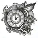Tattoo Design: Clock: The clock face should be prominently displayed, with the time set to 3:40 p.m. The style of the clock is tattoo design idea