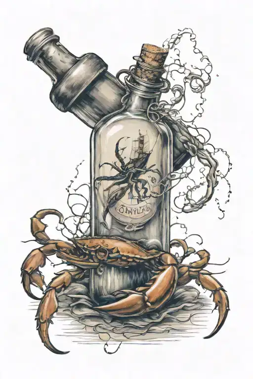An old message in a bottle with crab and old roap tattoo design idea