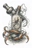 An old message in a bottle with crab and old roap tattoo design idea