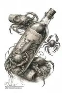 An old message in a bottle with crab and old roap tattoo design idea