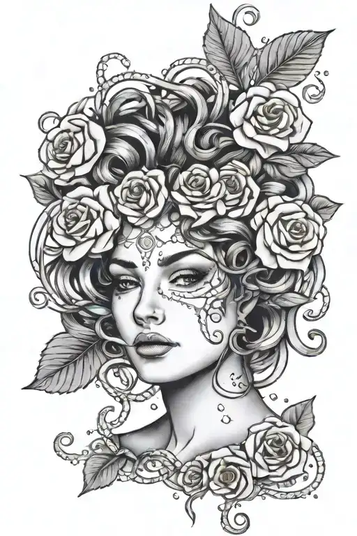 A geometric Medusa design with roses scattered around her face tattoo design idea