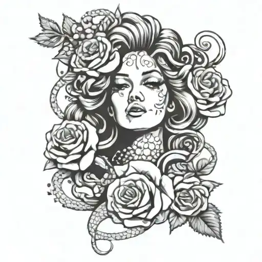 A geometric Medusa design with roses scattered around her face tattoo design idea