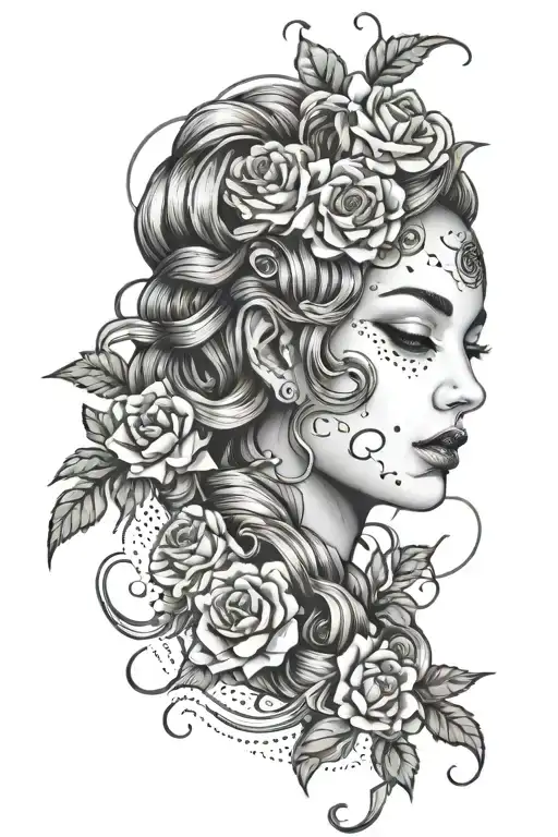 A geometric Medusa design with roses scattered around her face tattoo design idea