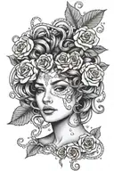 A geometric Medusa design with roses scattered around her face tattoo design idea