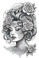 A geometric Medusa design with roses scattered around her face tattoo design idea