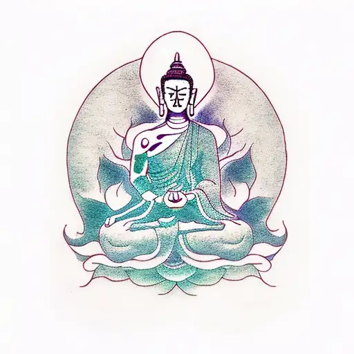 half Buddha half aura , Buddha side with demon arms, aura side with the thousand hands, sitting in a lotus flower tattoo design idea