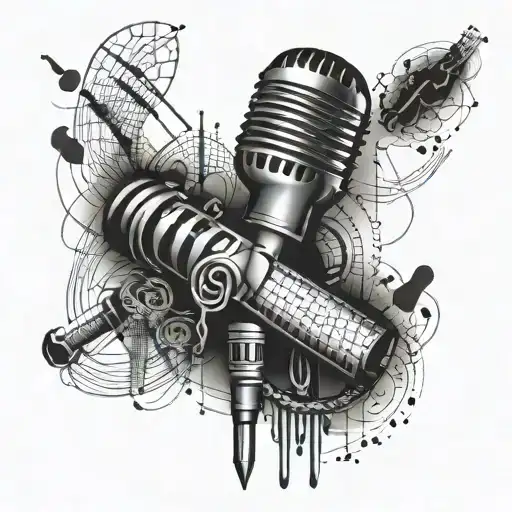 A detailed blackwork tattoo of a microphone and musical notes intertwined with intricate business graphs and charts tattoo design idea