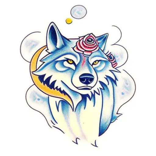 A wolf howling at a rose-shaped moon tattoo design idea