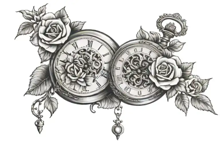 3 x pocket watch surronded by roses blooming tattoo design idea
