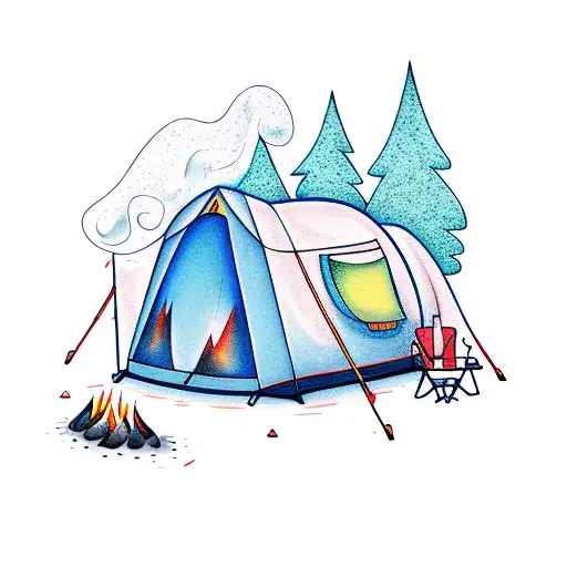 camping with fire tattoo design idea
