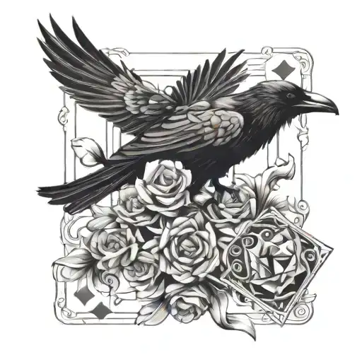 Raven with cards 7 and card 2 koi fish tattoo design idea
