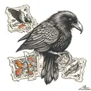 Raven with cards 7 and card 2 koi fish tattoo design idea
