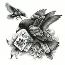 Raven with cards 7 and card 2 koi fish tattoo design idea