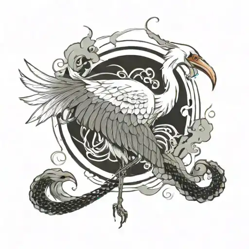 neo japanese style tattoo design a single large crane with its beak open fighting with a single snake with its mouth ope tattoo design idea