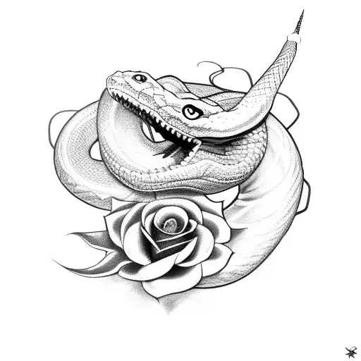 snake with open fangs and roses around tattoo design idea