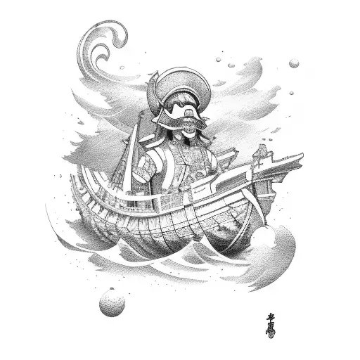 Verseau mer japonaise Avec soleil et bonhomme dans barque tattoo design idea