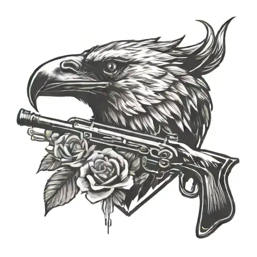 "no mourners no funerals" with a knife crow gun flute wolf head and heart  tattoo design idea