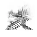 A mesmerizing composition of train tracks merging into a flowing river of blood tattoo design idea